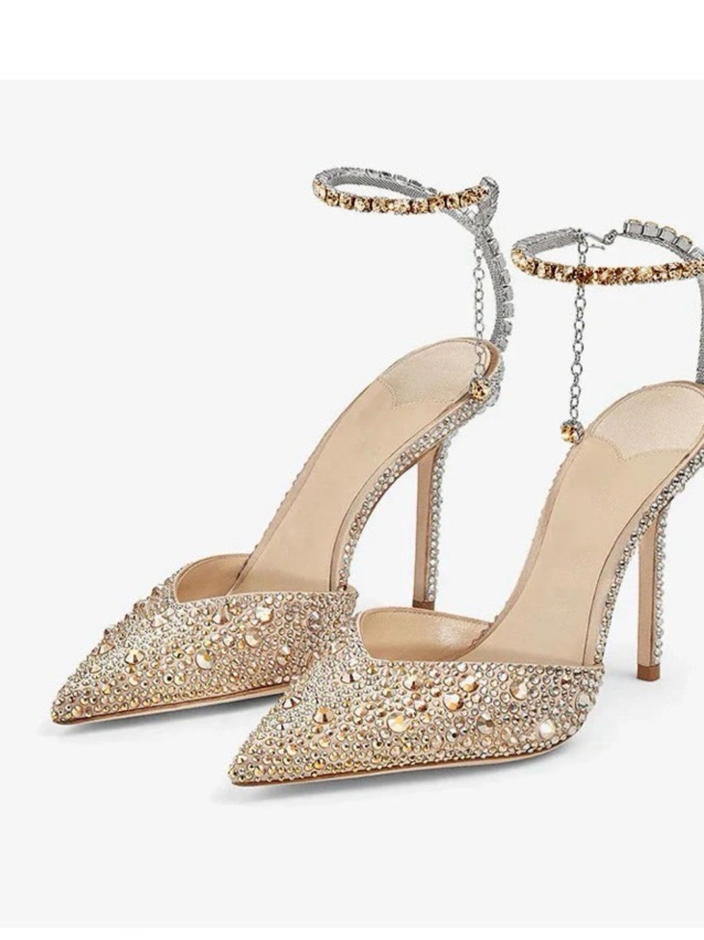 & Other Stories Champagne Crystal Pointed-Toe Stiletto Heels with Ankle Chain